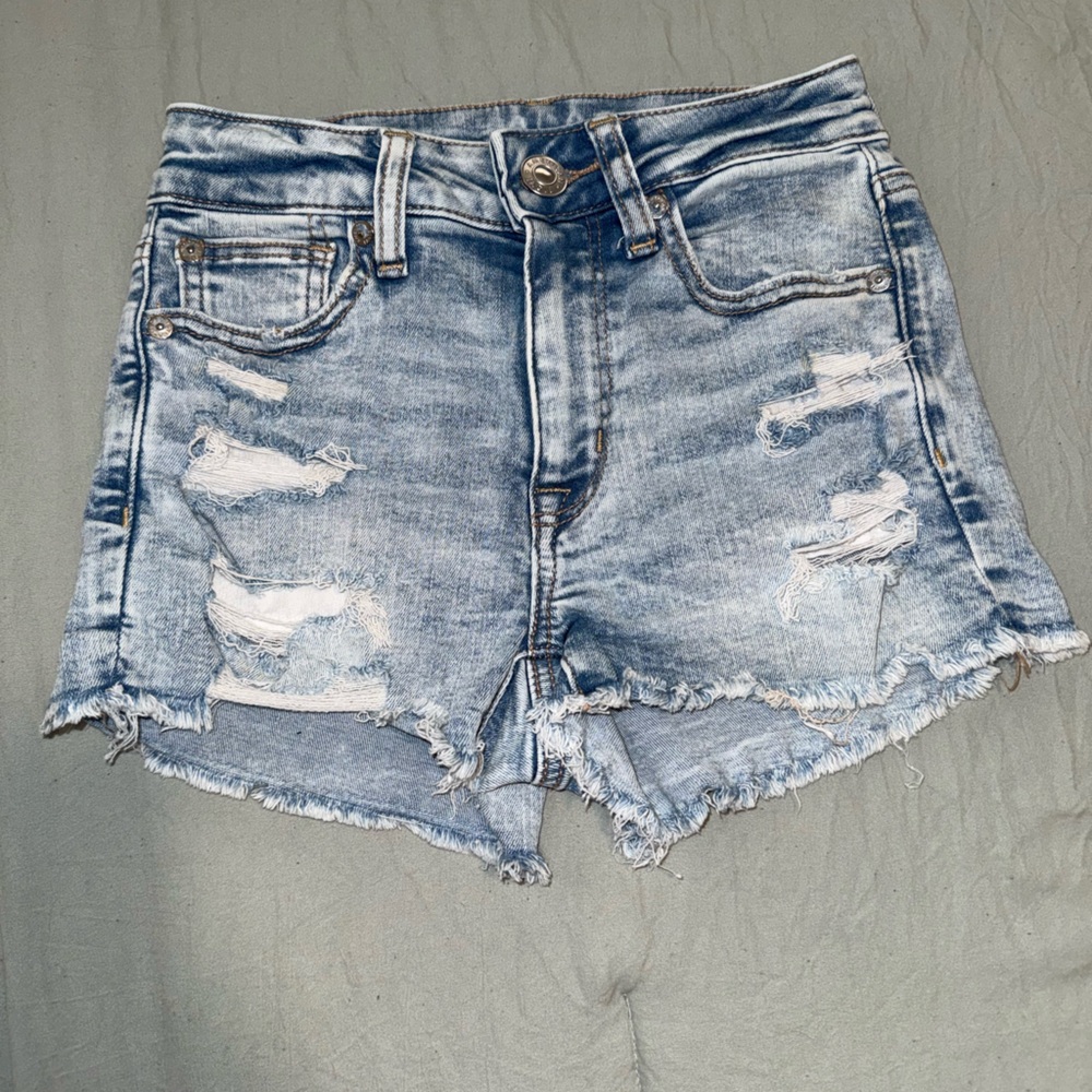 American Eagle Outfitters Hi-rise Shortie Light Blue Distressed Jean Shorts